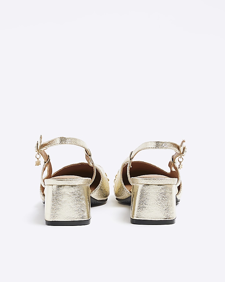 Gold block heeled sling back court shoes