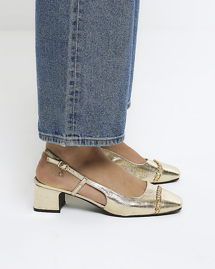 Gold block heeled sling back court shoes