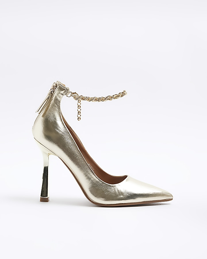 Gold chain strap heeled court shoes