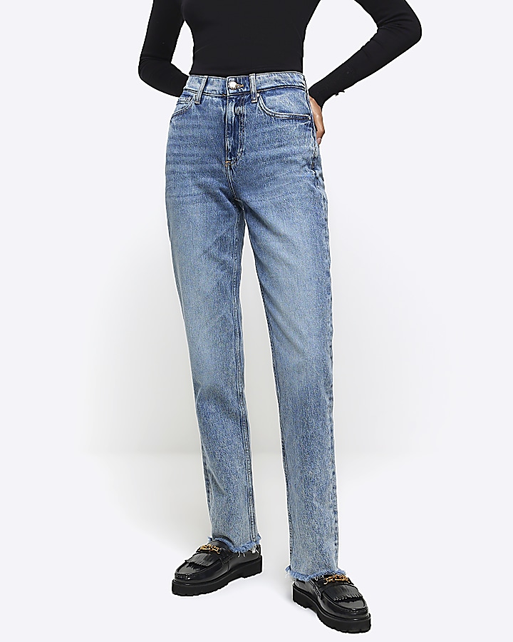 Blue high waisted stove pipe straight jeans | River Island