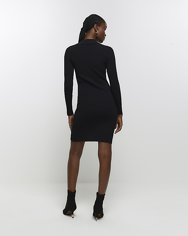 Black knit zip bodycon mini dress