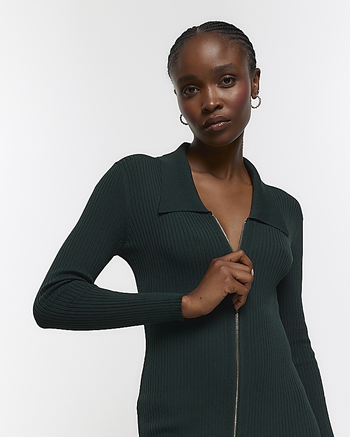 Green knit zip bodycon midi dress