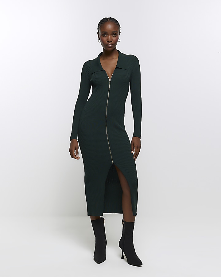 Green knit zip bodycon midi dress