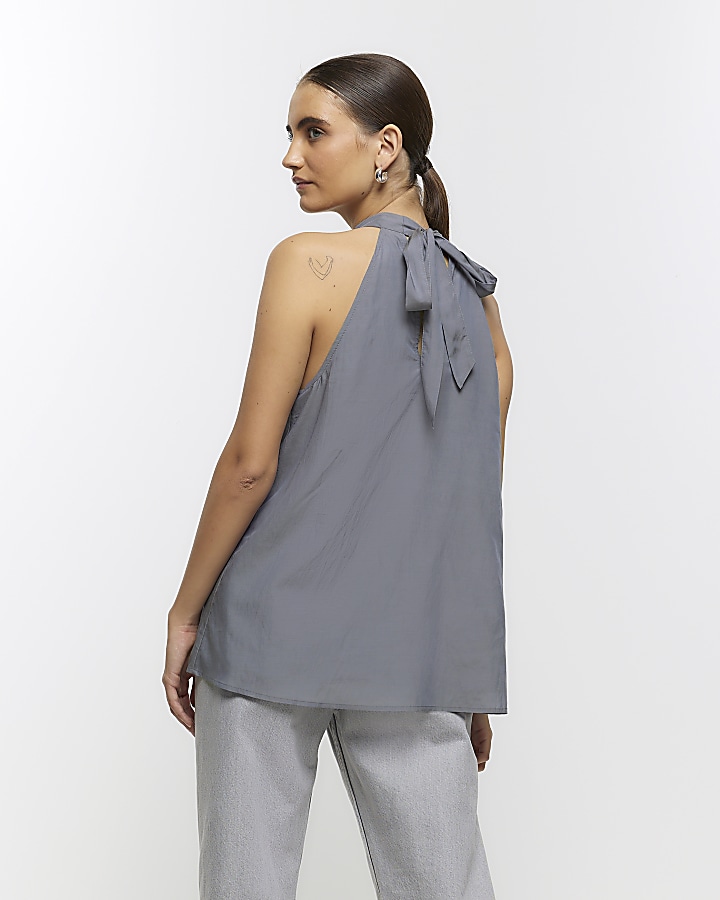 Grey embellished halter blouse