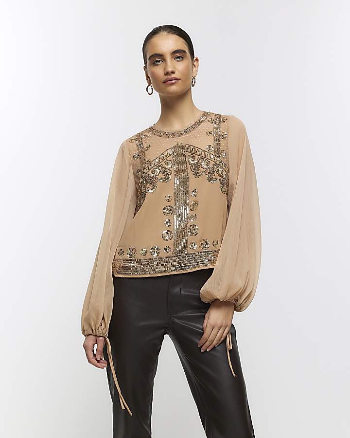 Gold embellished long sleeve blouse
