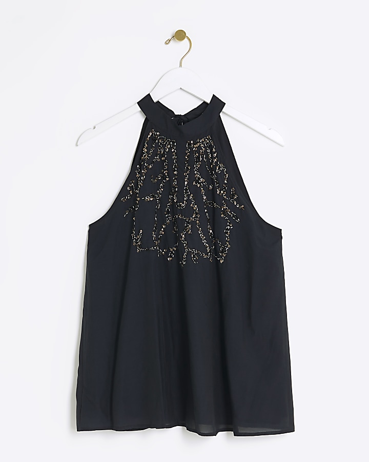 Black embellished halter blouse