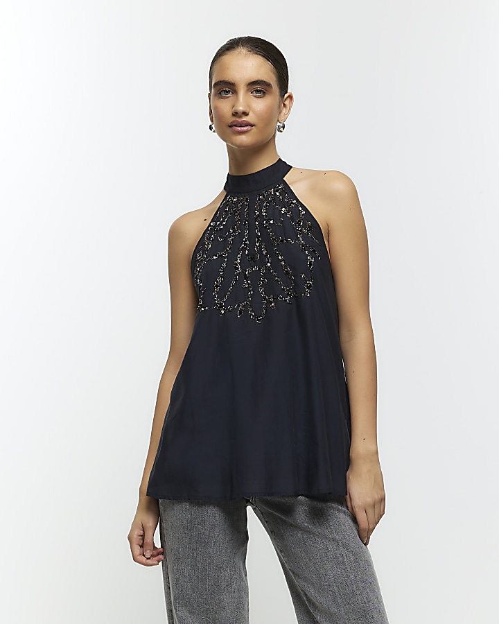 Black embellished halter blouse