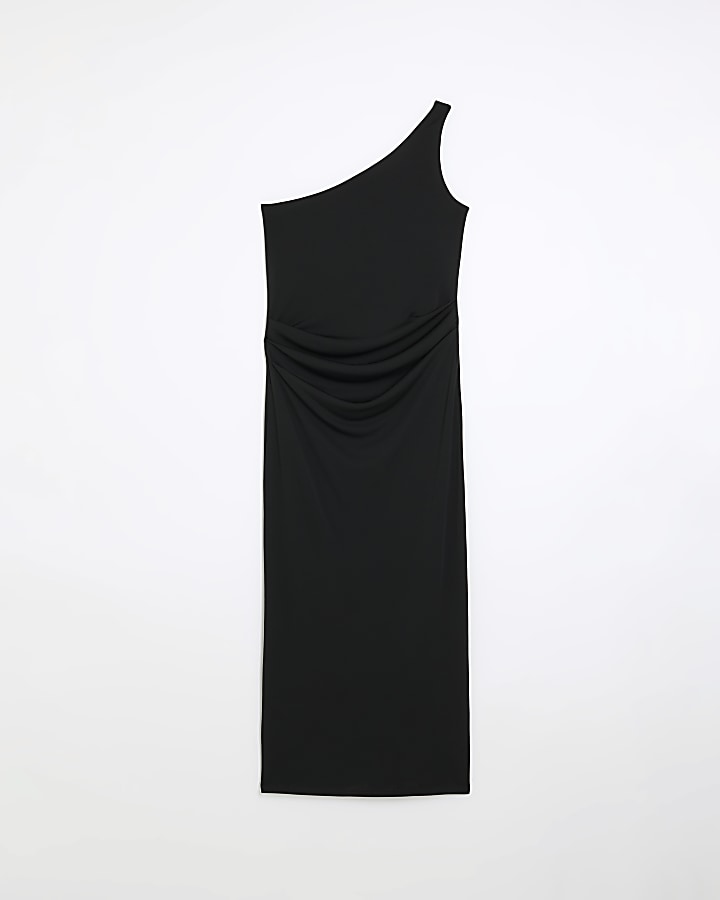 Black drape detail bodycon midi dress