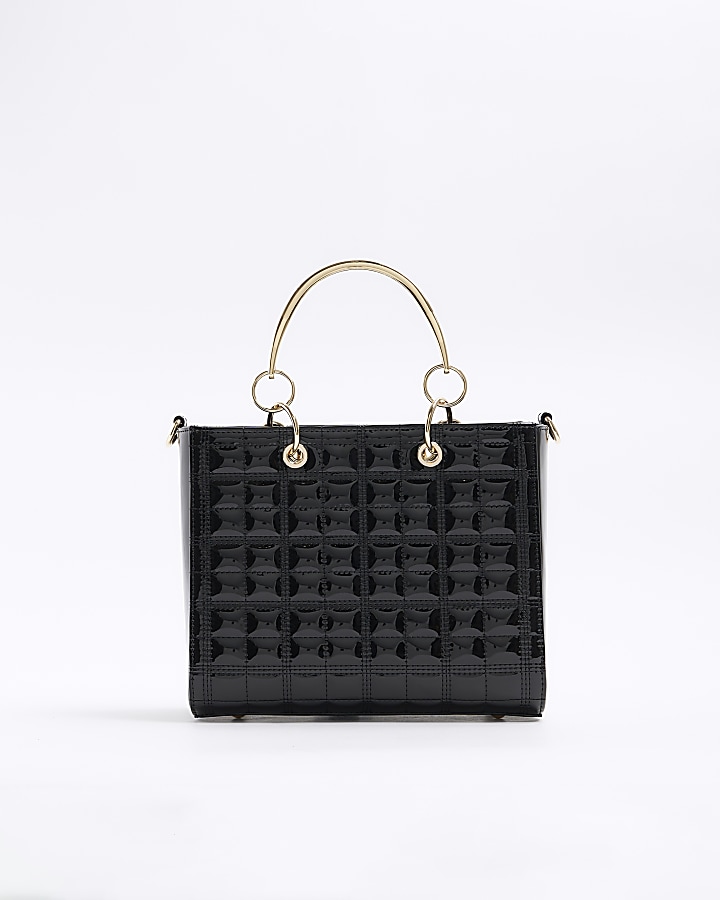 Black patent quilted tote bag | River Island