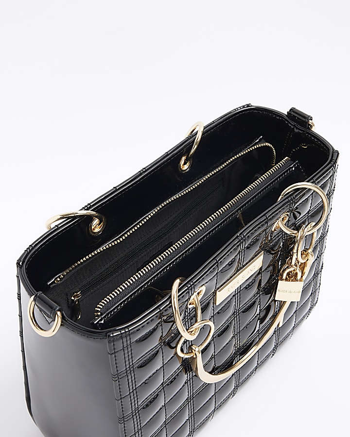 Black patent quilted tote bag River Island