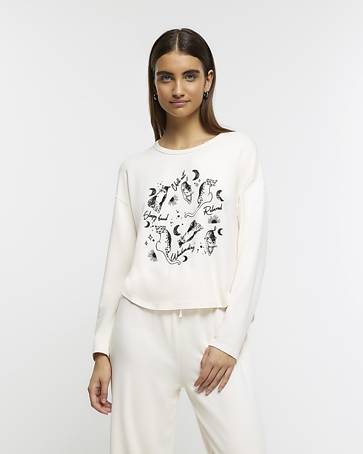 Cream graphic long sleeve lounge top