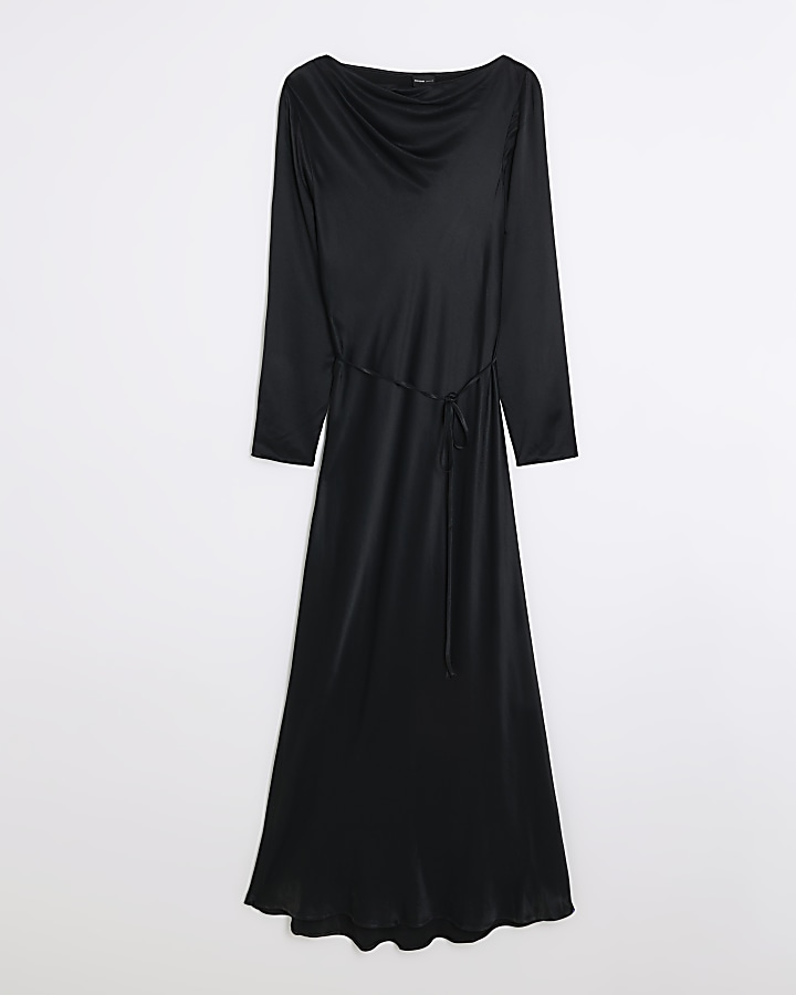 Black satin tie waist maxi dress