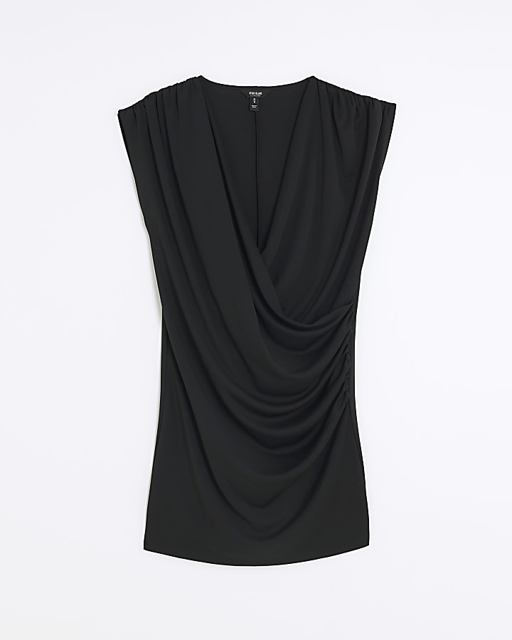 Black drape detail wrap mini dress