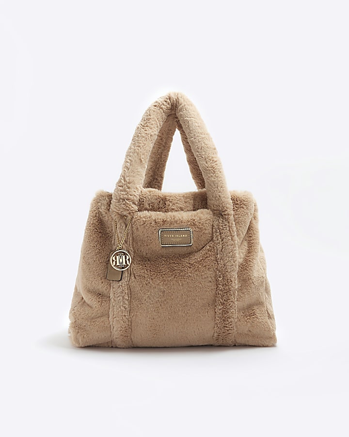 Beige faux fur shopper bag