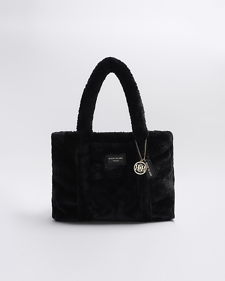 Black faux fur shopper bag | River Island