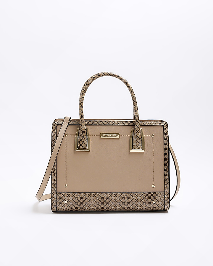 Beige RI monogram structured tote bag