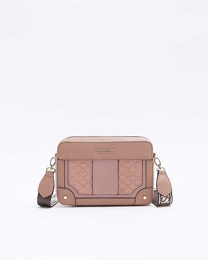 Pink RI monogram boxy cross body bag River Island
