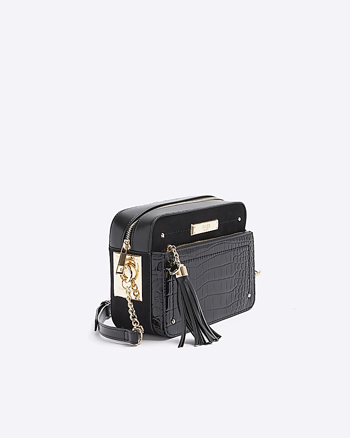 Black croc embossed chain cross body bag River Island