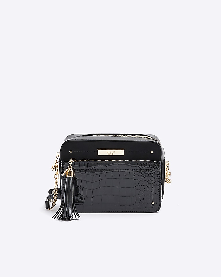 Black croc embossed chain cross body bag River Island