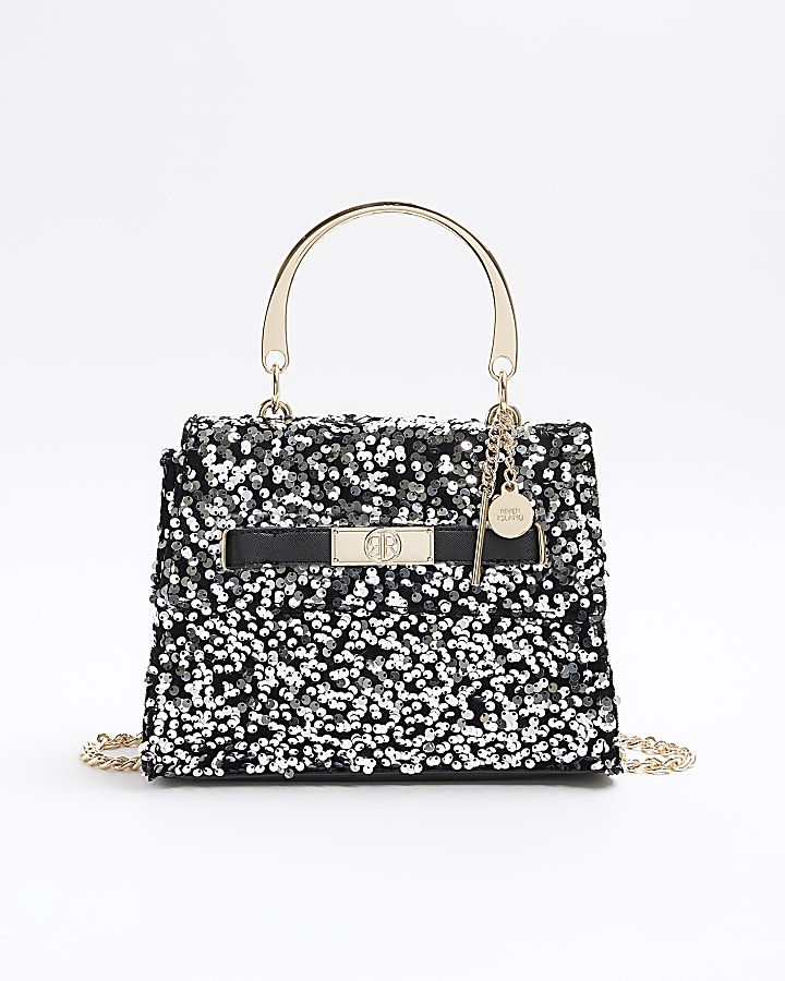 Black sequin chain strap tote bag River Island