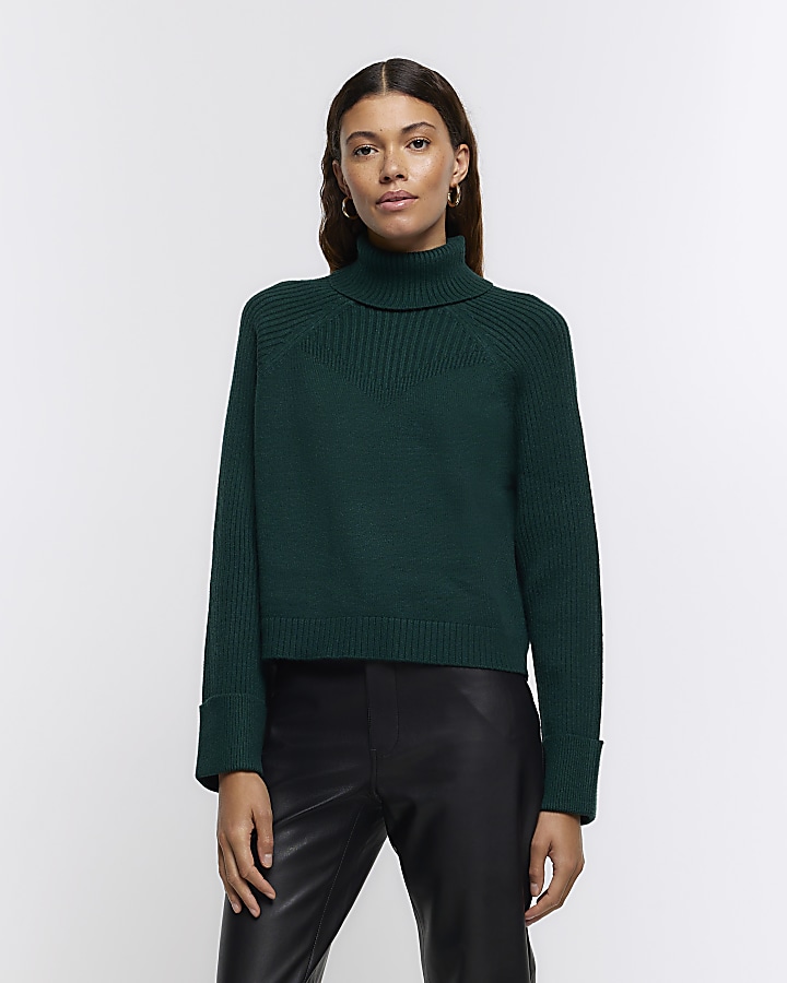 Green rib roll neck jumper