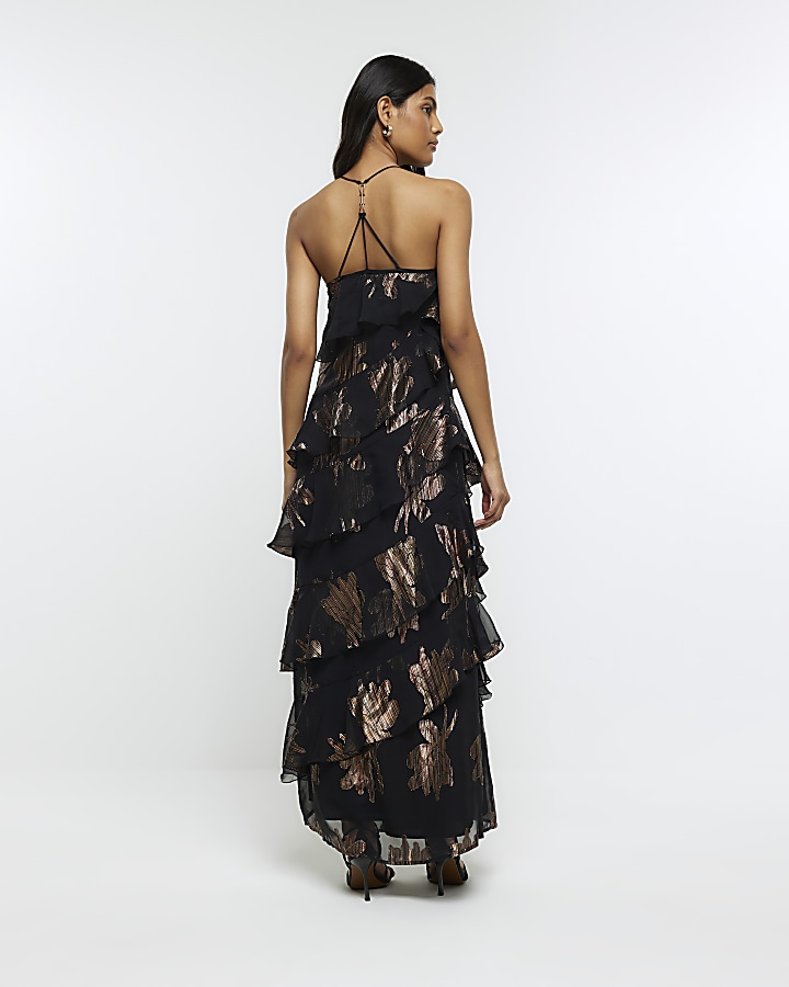 Black glitter frill maxi dress