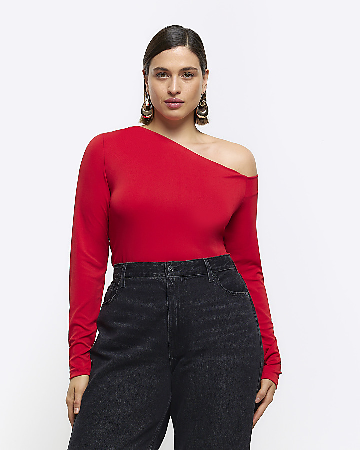 Red long sleeve best sale off the shoulder top