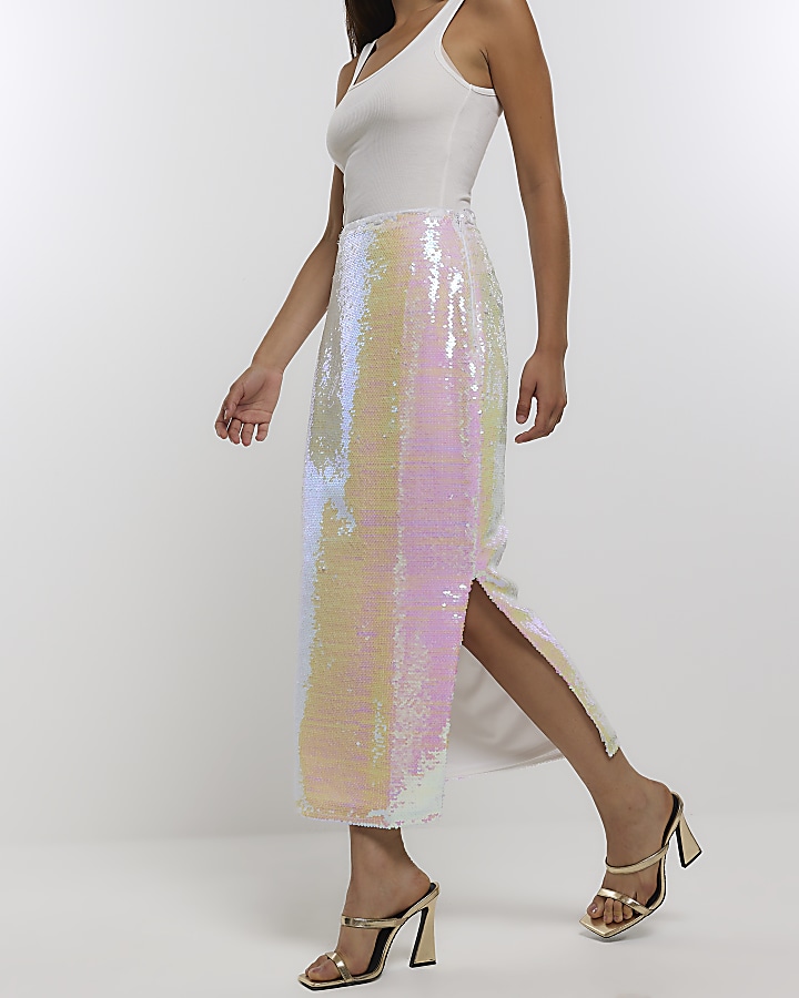 White sequin iridescent maxi skirt