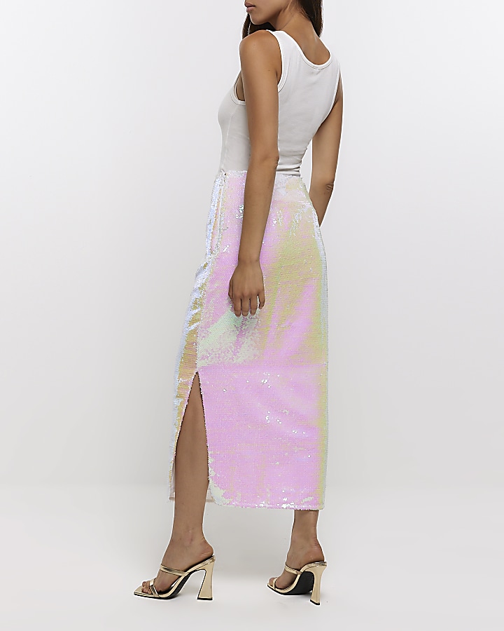 White sequin iridescent maxi skirt