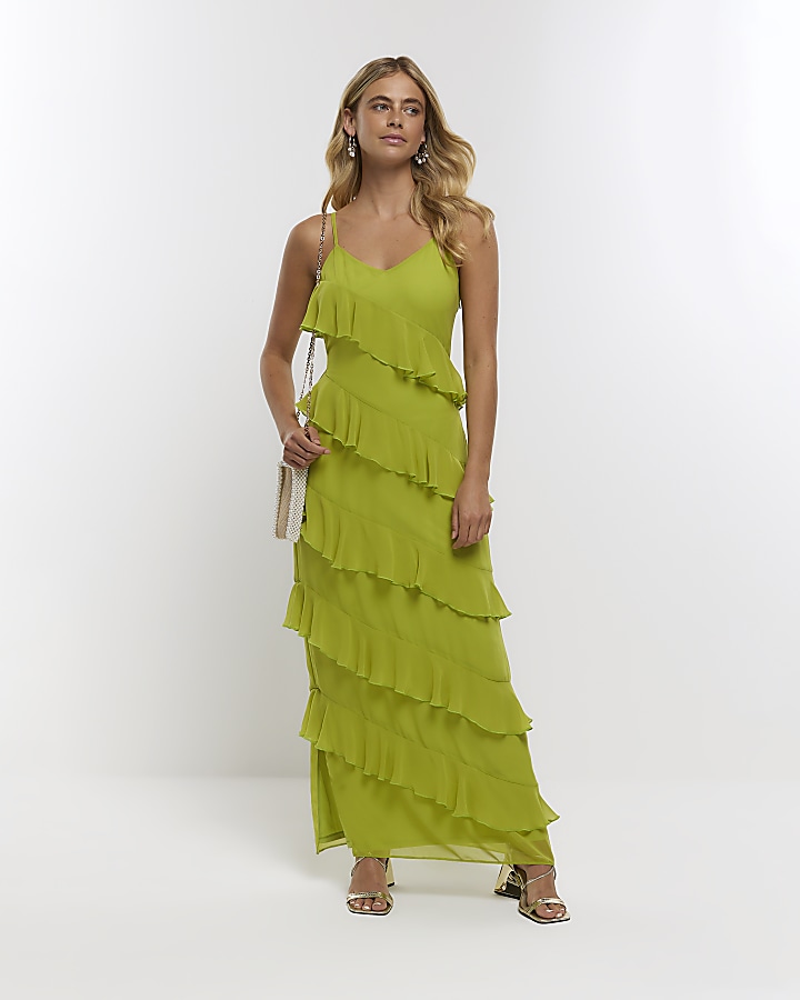 Lime green frill sleeveless maxi dress