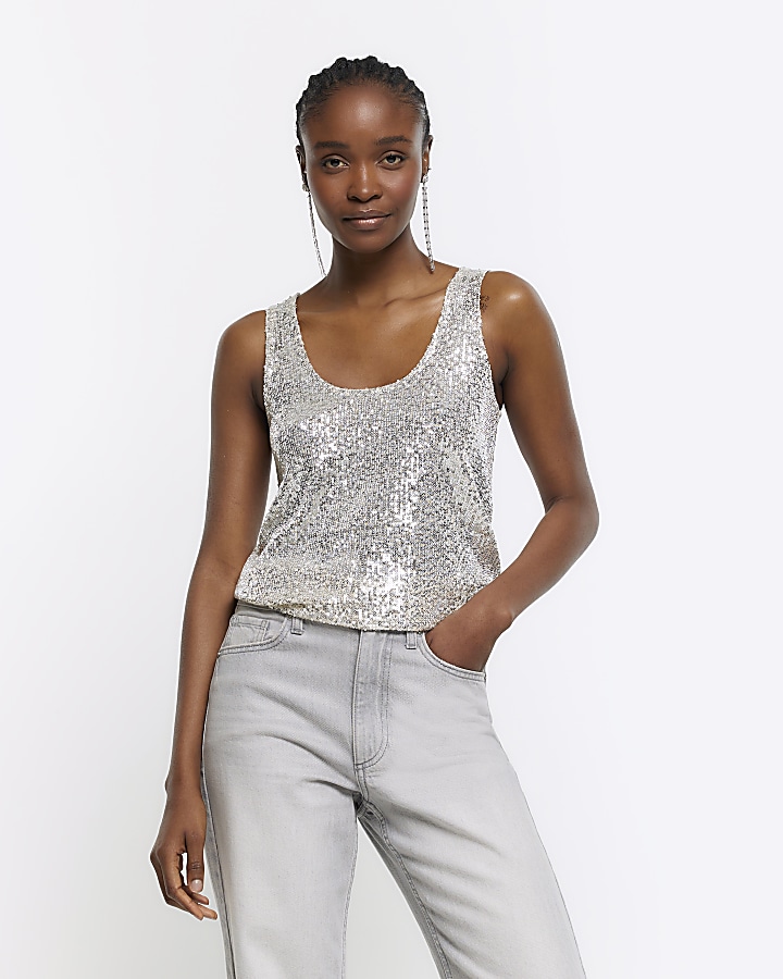 Women's Silver Tank top Sequin Tops