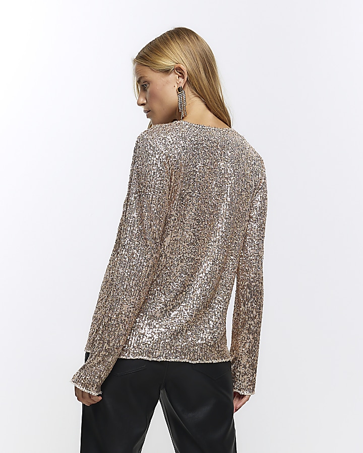 Rose gold sequin long sleeve top