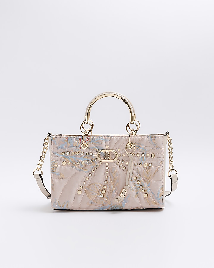 Pink jacquard studded tote bag