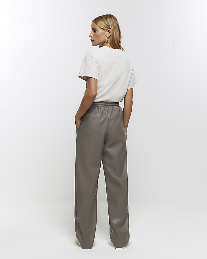 Grey faux leather wide leg trousers