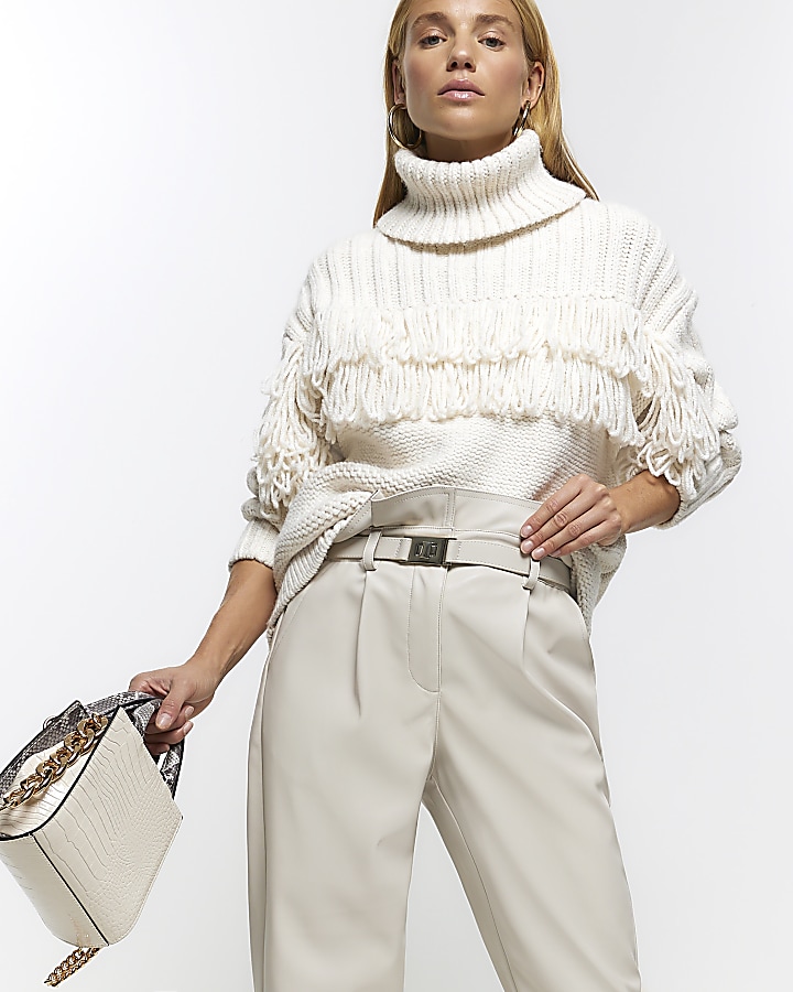 Cream faux leather paperbag trousers