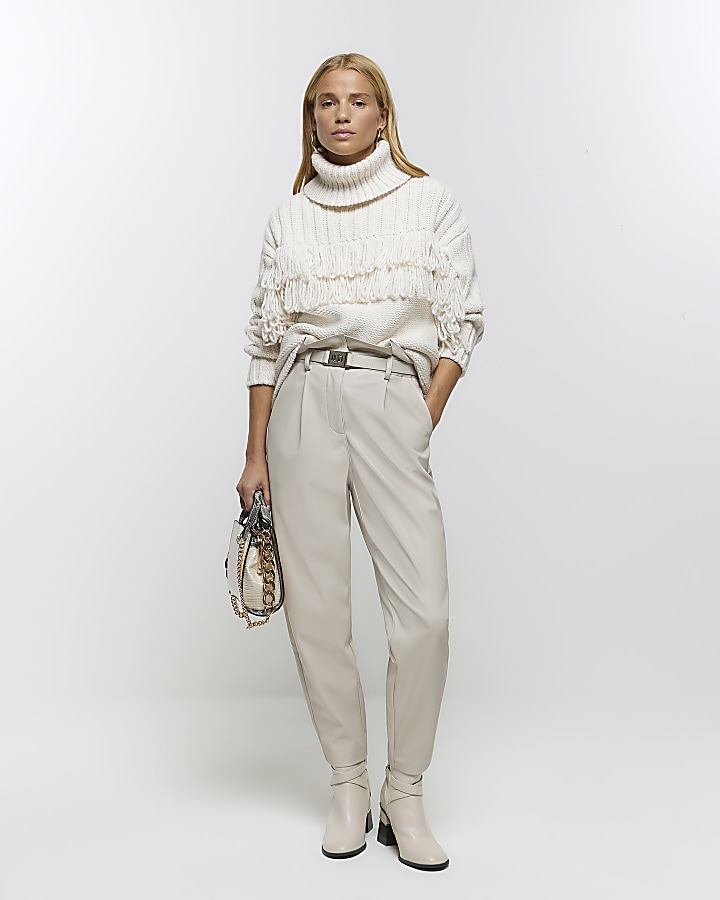 Cream faux leather paperbag trousers
