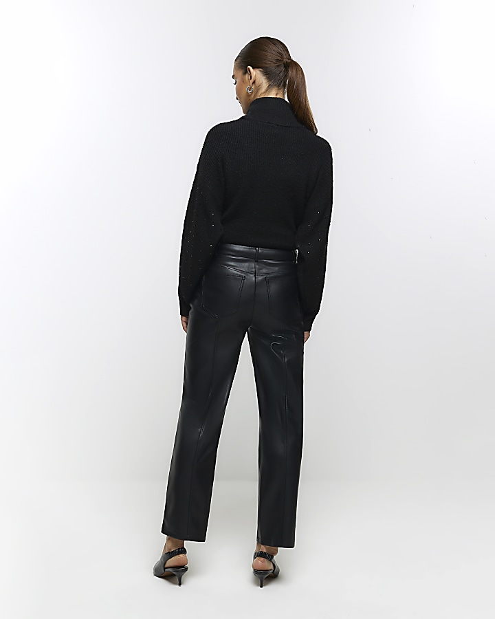 Black faux leather straight leg trousers