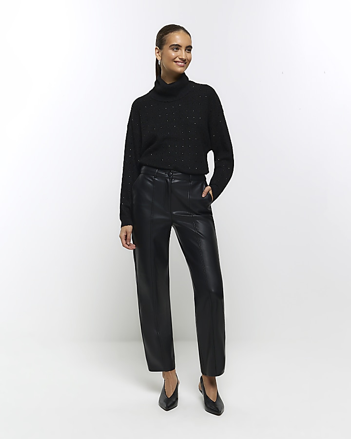 Black faux leather straight leg trousers