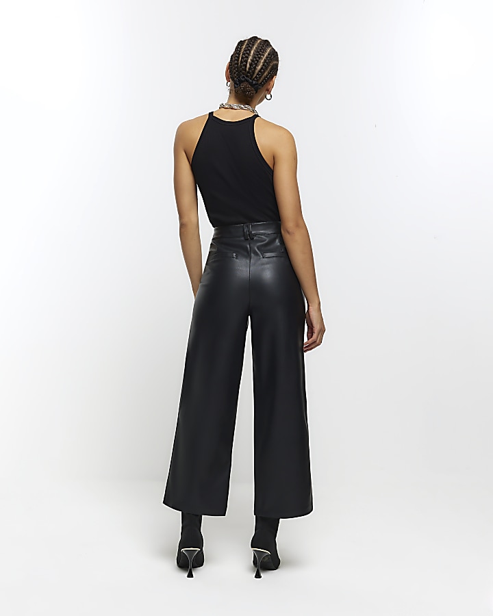 Black faux leather crop trousers