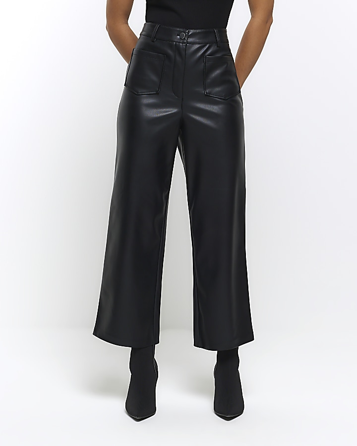 Black faux leather crop trousers | River Island