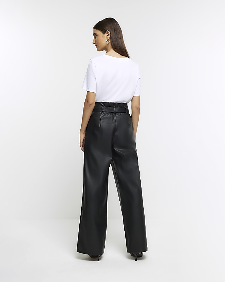 Black faux leather belted straight trousers