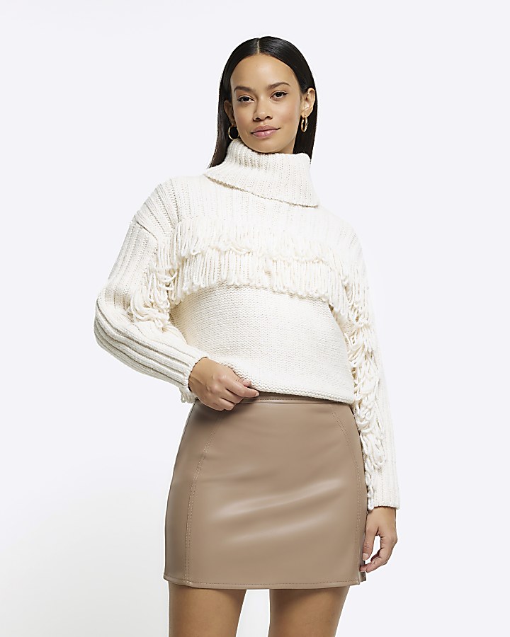 Brown faux leather mini skirt River Island