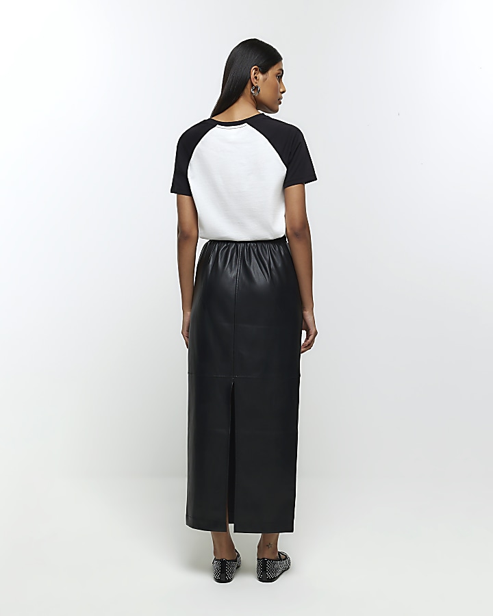 Black faux leather elasticated maxi skirt