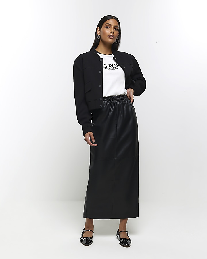 Black faux leather elasticated maxi skirt | River Island