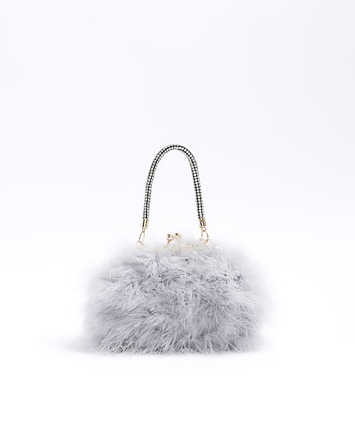 Grey feather diamante cross body bag