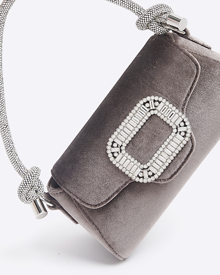 Grey velvet embellished clutch bag