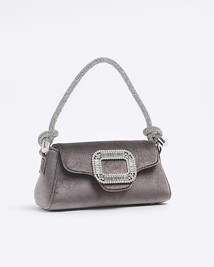 Grey velvet embellished clutch bag