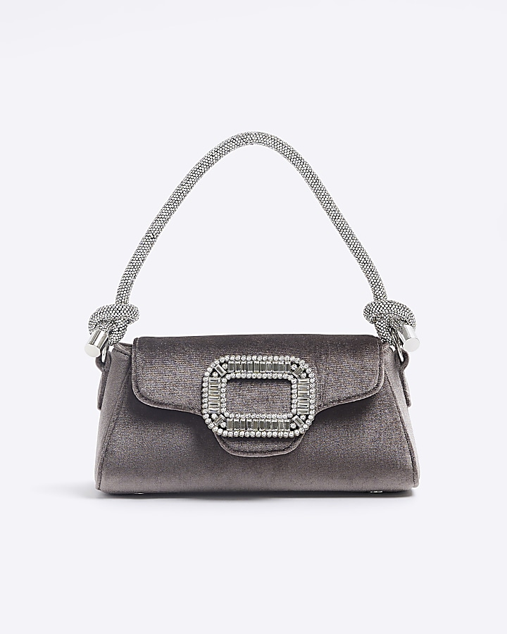 Grey velvet embellished clutch bag | River Island