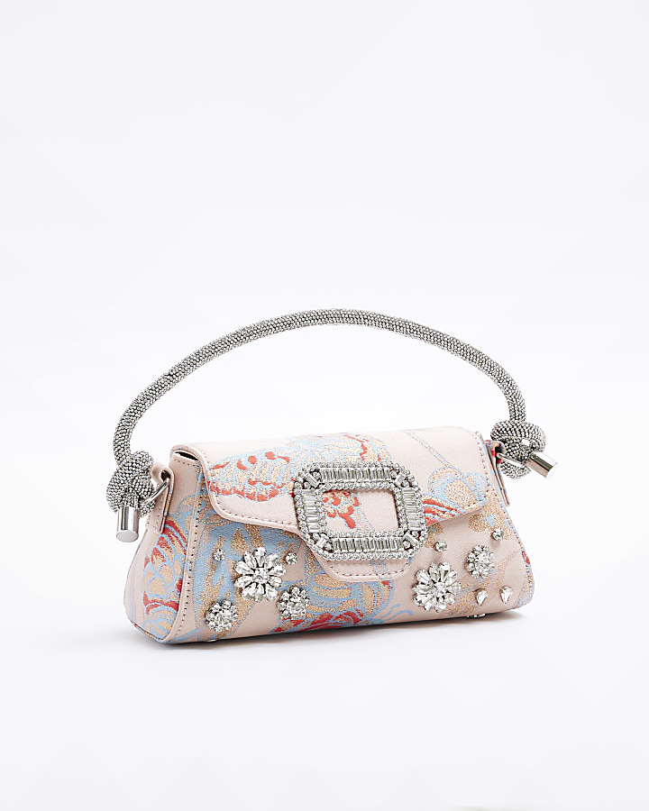 Pink jacquard embellished clutch bag
