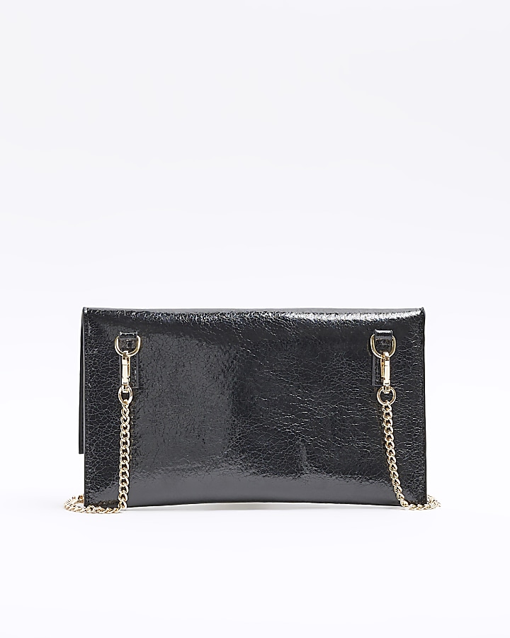 Black textured chain strap clutch bag | River Island